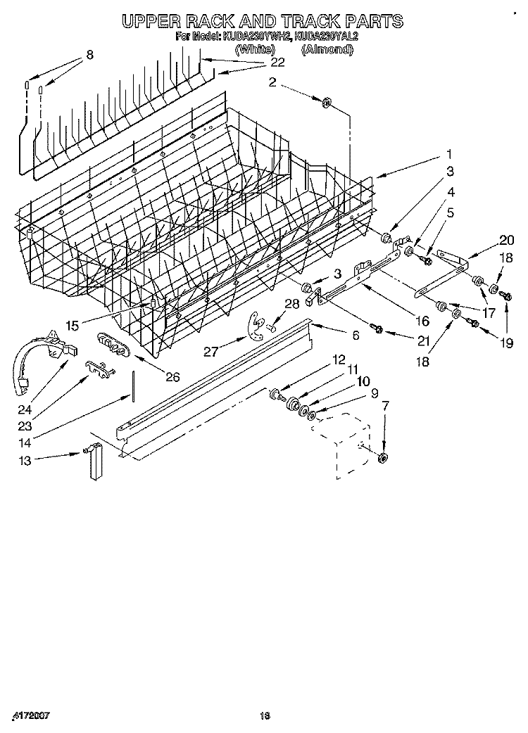 UPPER RACK AND TRACK Diagram and Parts List for KUDA230YAL2  KitchenAid Dishwasher
