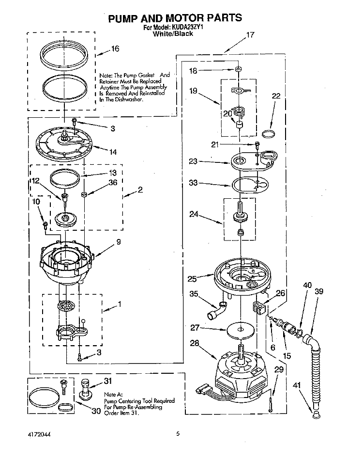 PUMP AND MOTOR Diagram and Parts List for KUDA23ZY1  KitchenAid Dishwasher