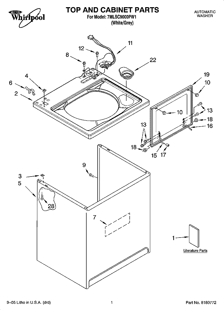 TOP AND CABINET PARTS Diagram and Parts List for 7MLSC9000PW1  Whirlpool Washer