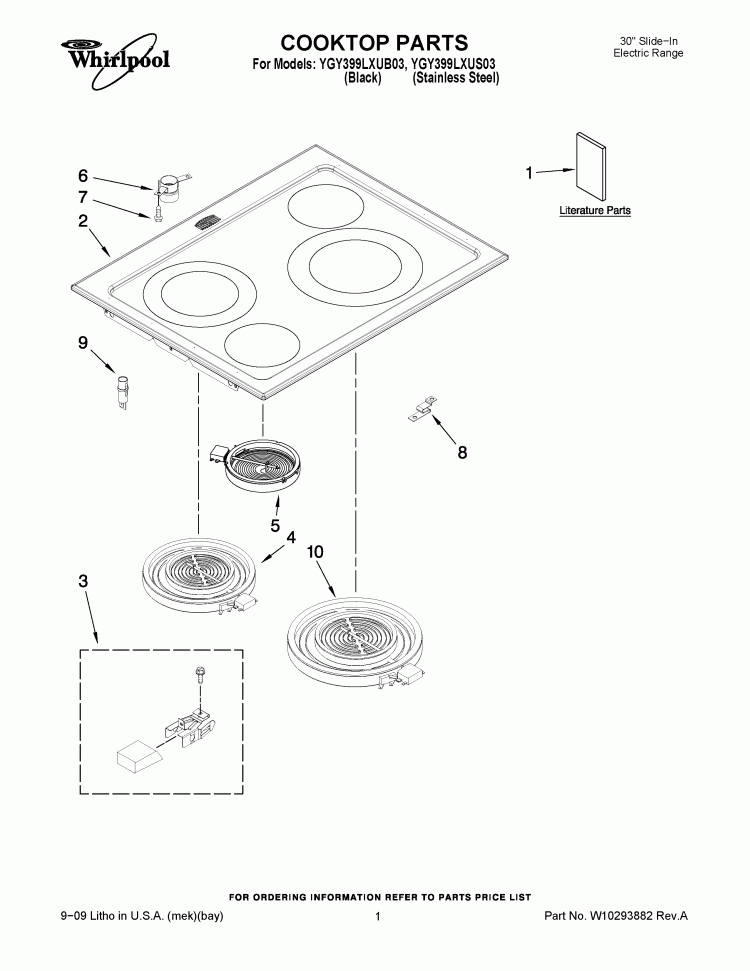 COOKTOP PARTS Diagram and Parts List for YGY399LXUB03  Whirlpool Range