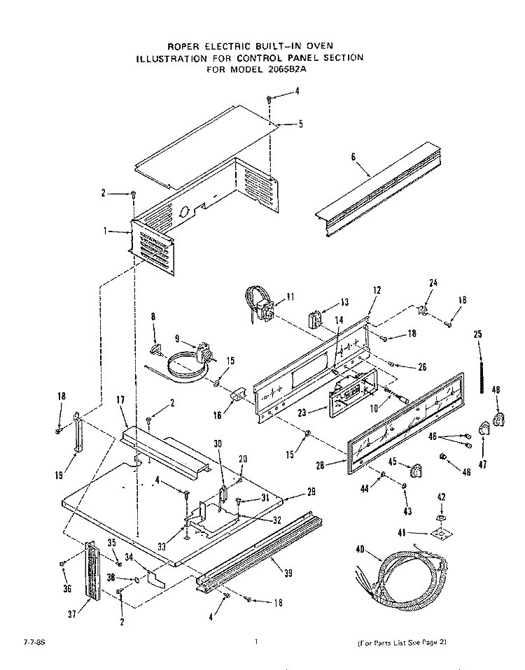 CONTROL PANEL Diagram and Parts List for 2065B2A  Roper Range