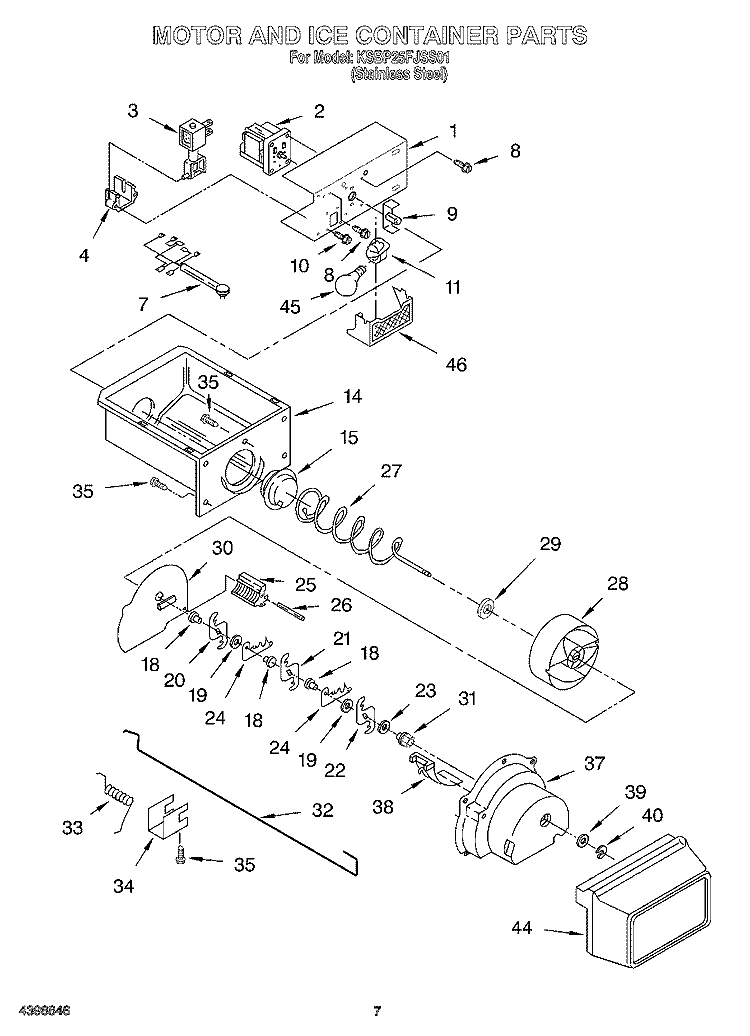 MOTOR AND ICE CONTAINER Diagram and Parts List for KSBP25FJSS01  KitchenAid Refrigerator