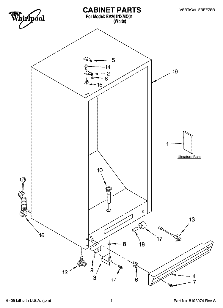 CABINET PARTS Diagram and Parts List for EV201NXMQ01  Whirlpool Freezer