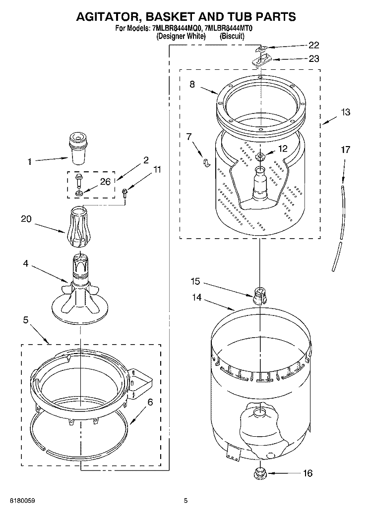 AGITATOR, BASKET AND TUB PARTS Diagram and Parts List for 7MLBR8444MQ0  Whirlpool Washer