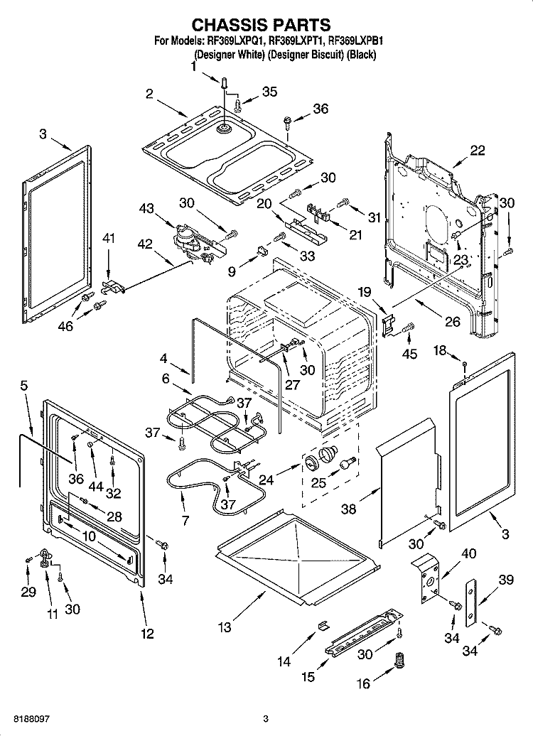CHASSIS PARTS Diagram and Parts List for RF369LXPQ1  Whirlpool Range