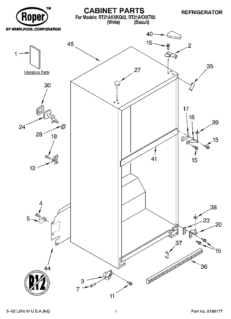 CABINET, LITERATURE Diagram and Parts List for RT21AKXKT02  Roper Refrigerator