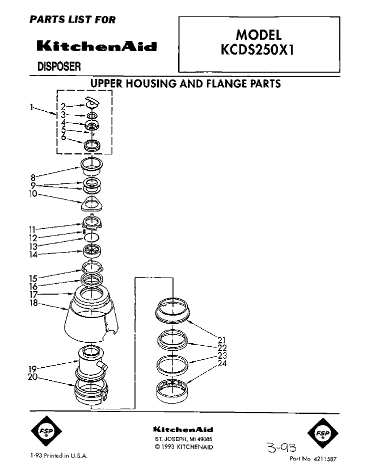 SECTION Diagram and Parts List for KCDS250X1  KitchenAid Food Waste Disposer