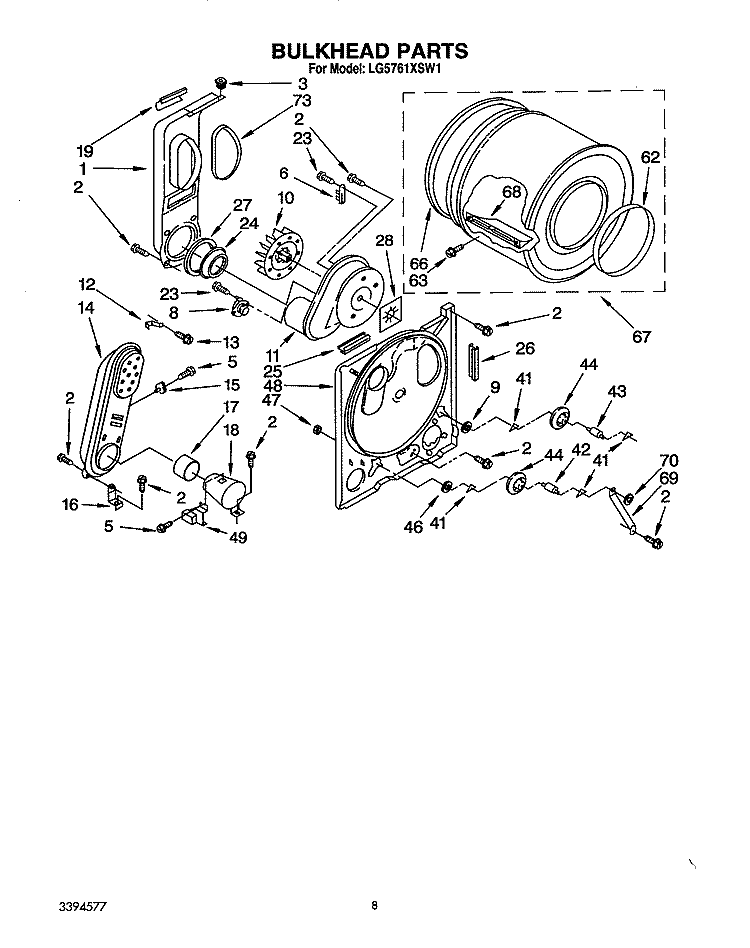 BULKHEAD Diagram and Parts List for LG5761XSW1  Whirlpool Dryer