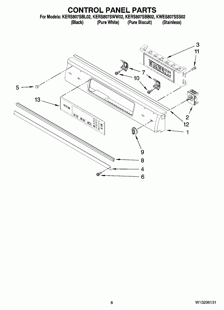 CONTROL PANEL PARTS Diagram and Parts List for KERS807SBB02  KitchenAid Range