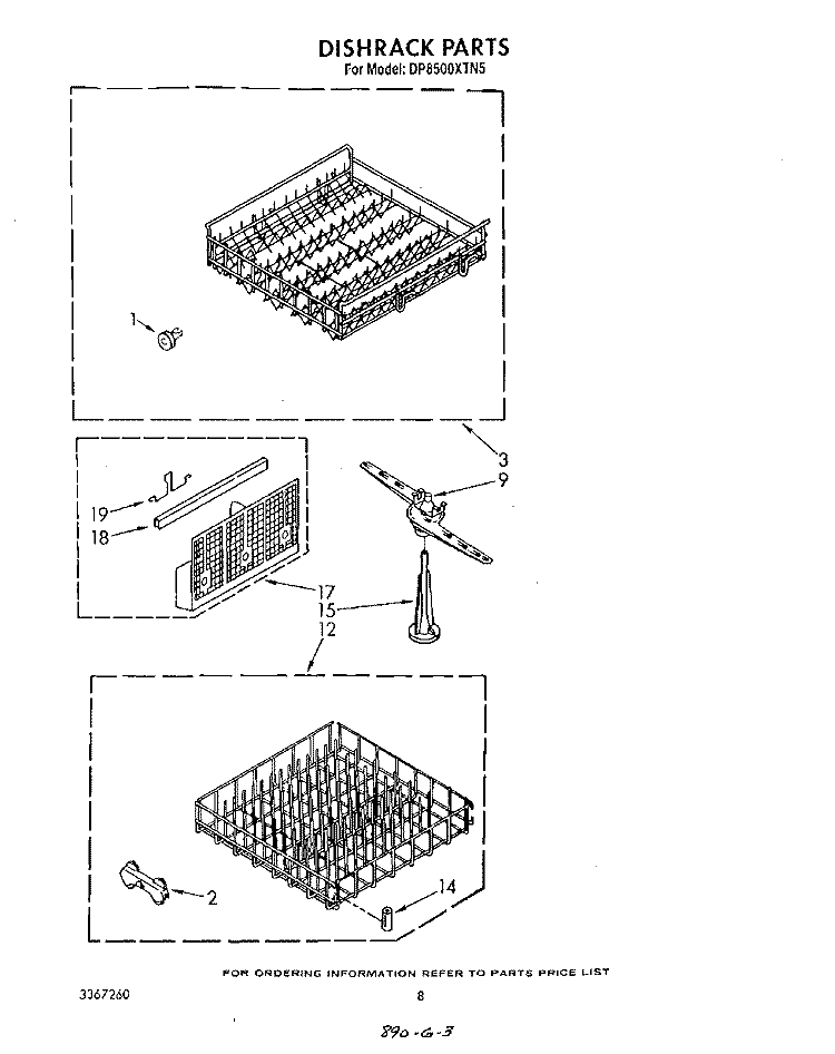 DISHRACK Diagram and Parts List for DP8500XTN5  Whirlpool Dishwasher