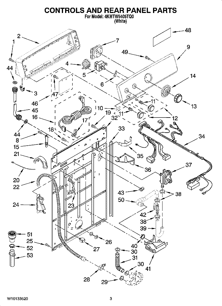 CONTROLS AND REAR PANEL PARTS Diagram and Parts List for 4KMTW5405TQ0  KitchenAid Washer