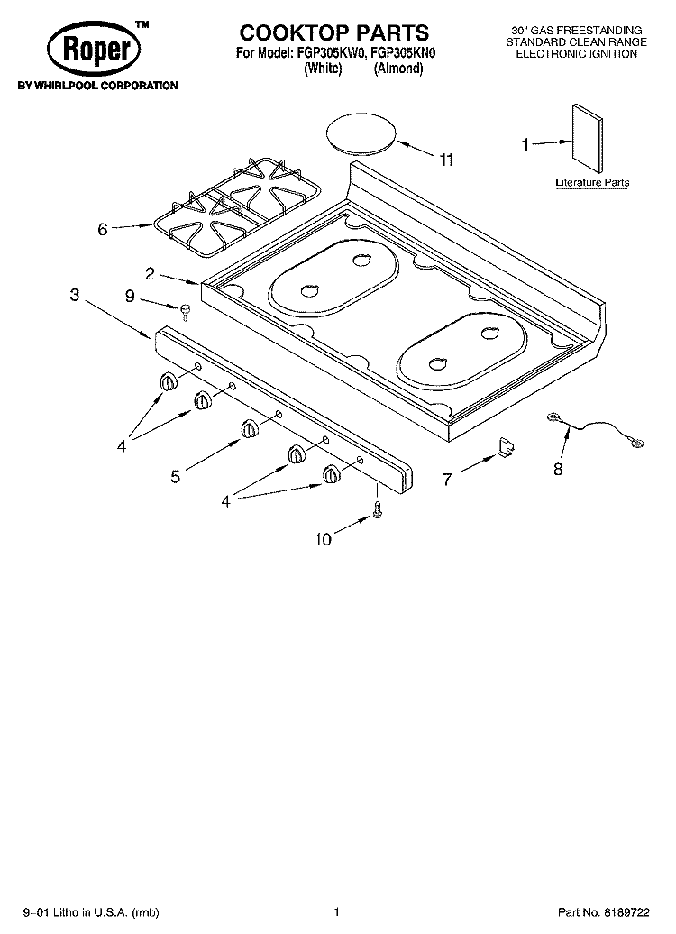 COOKTOP, LITERATURE Diagram and Parts List for FGP305KN0  Roper Range
