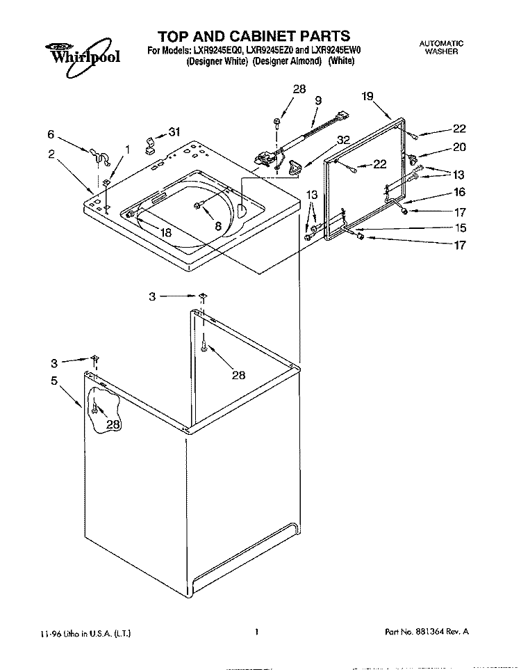 TOP AND CABINET Diagram and Parts List for LXR9245EZ0  Whirlpool Washer