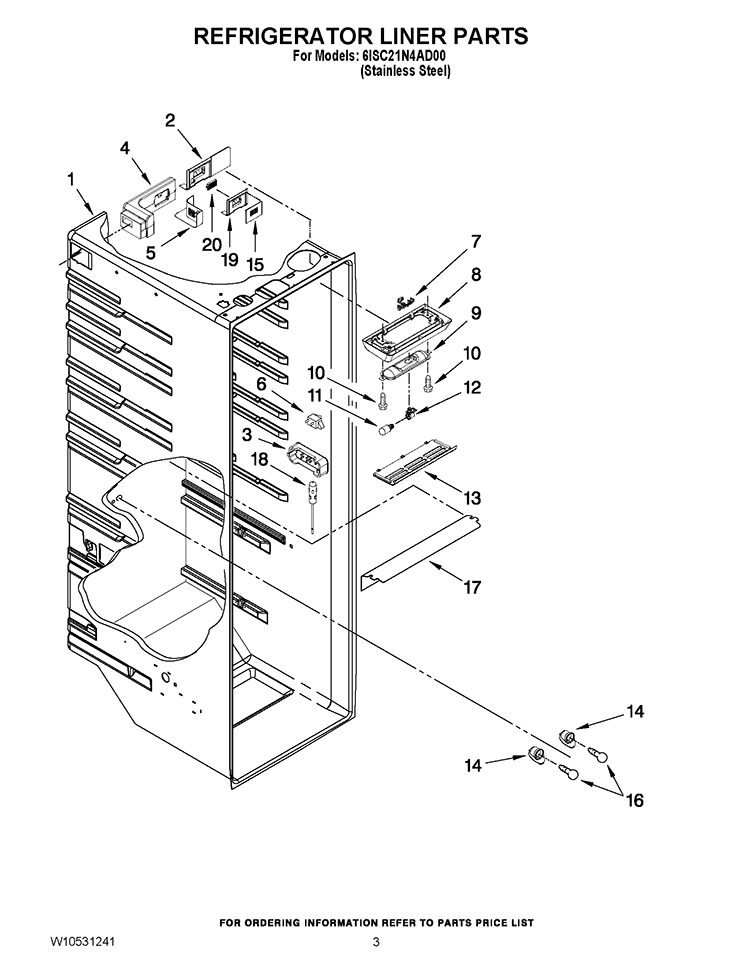 REFRIGERATOR LINER PARTS Diagram and Parts List for 6ISC21N4AD00  Whirlpool Refrigerator