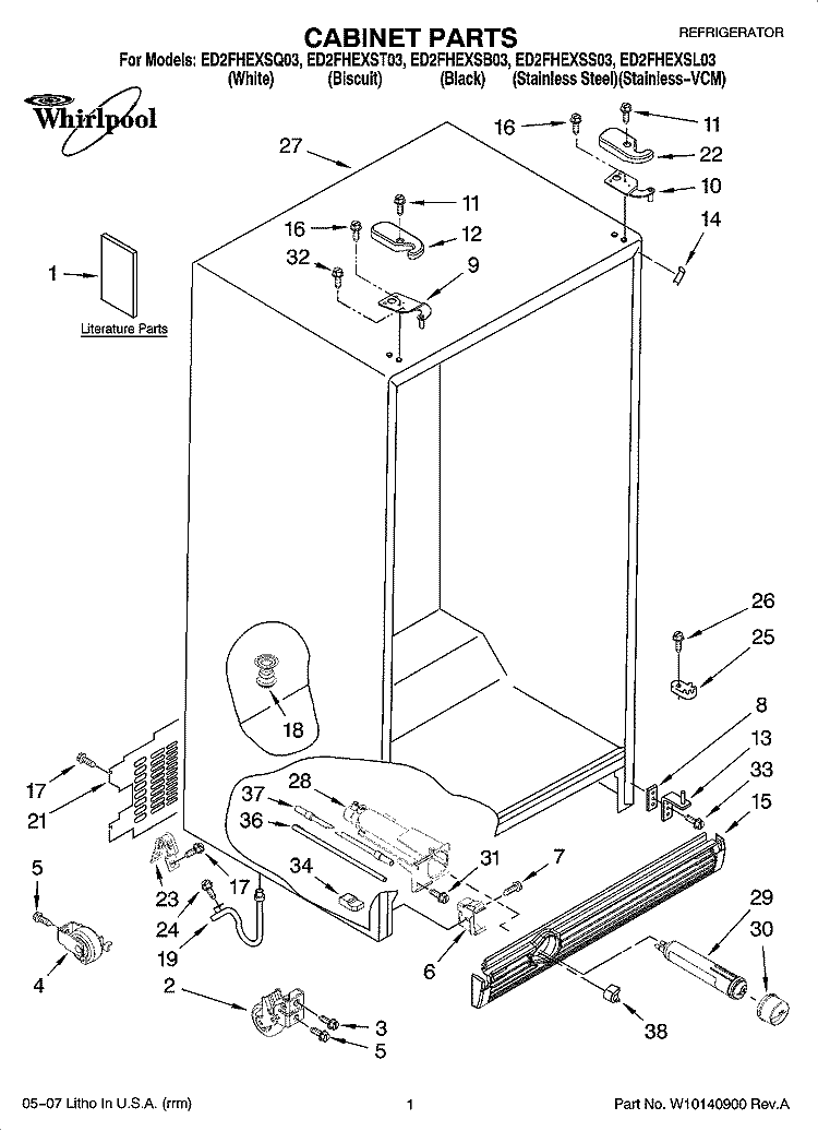 CABINET PARTS Diagram and Parts List for ED2FHEXSB03  Whirlpool Refrigerator