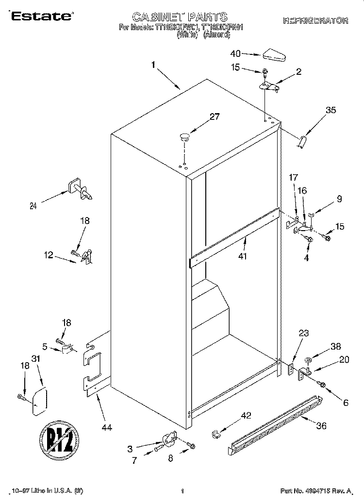 CABINET Diagram and Parts List for TT18DKXFW01  Estate Refrigerator