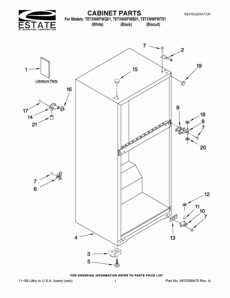 CABINET PARTS Diagram and Parts List for T8TXNWFWB01  Estate Refrigerator