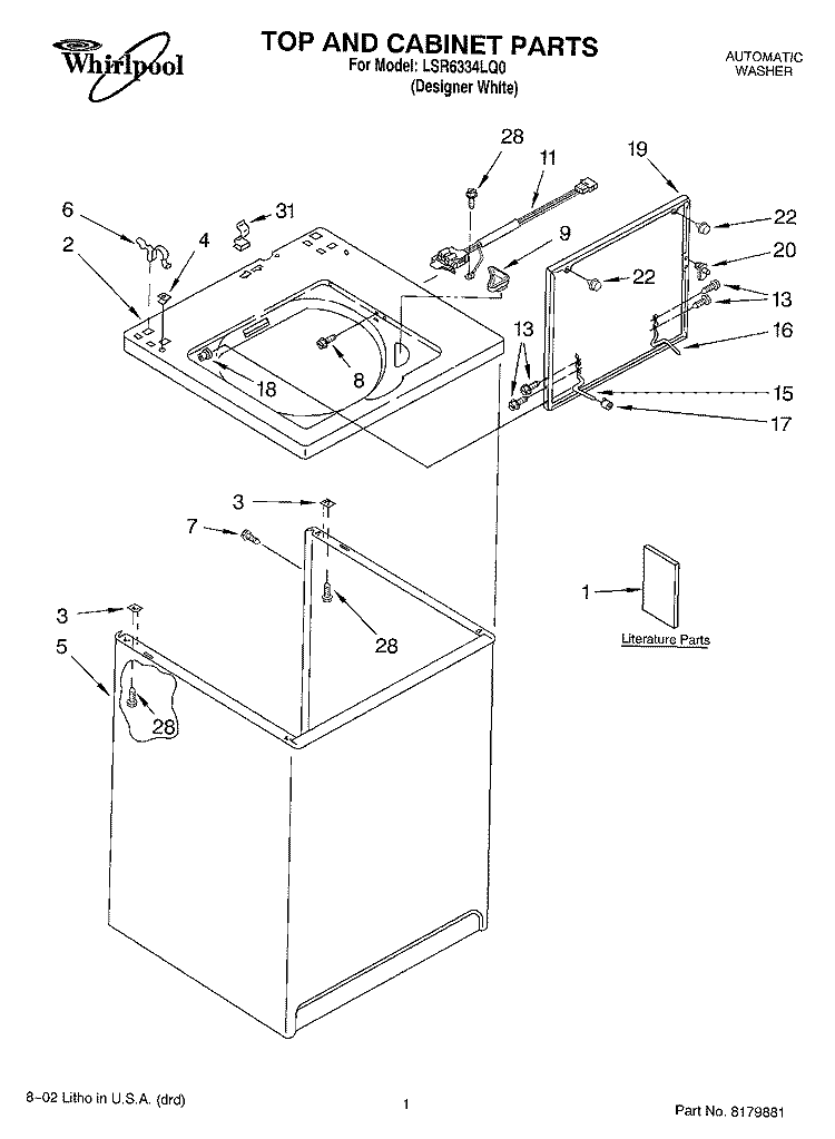 TOP AND CABINET, LITERATURE Diagram and Parts List for LSR6334LQ0  Whirlpool Washer