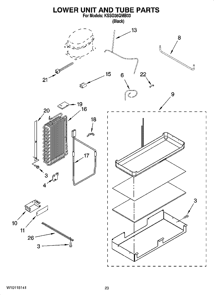 LOWER UNIT AND TUBE PARTS Diagram and Parts List for KSSO36QMB03  KitchenAid Refrigerator