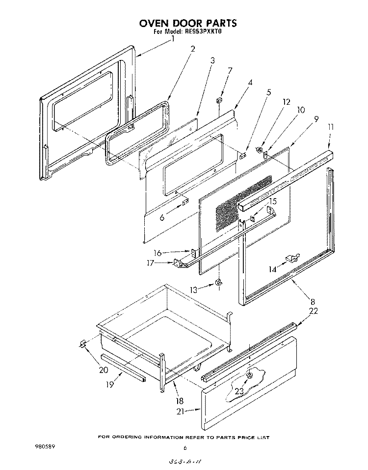 OVEN DOOR Diagram and Parts List for RE953PXKT0  Whirlpool Range