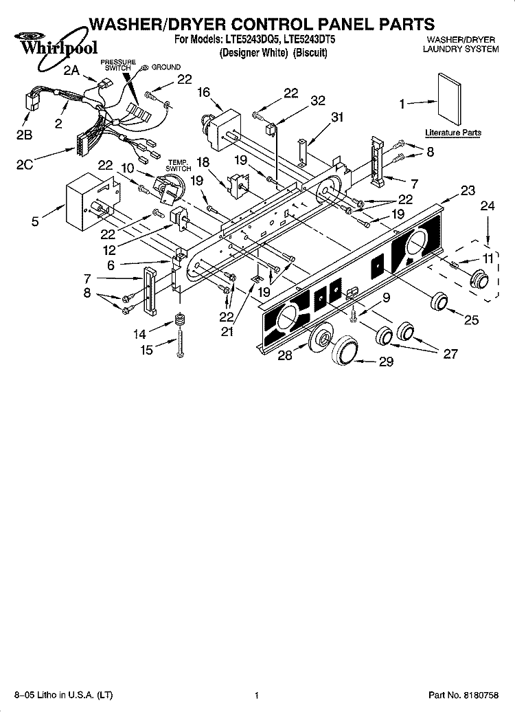 WASHER/DRYER CONTROL PANEL PARTS Diagram and Parts List for LTE5243DQ5  Whirlpool Washer Dryer Combo