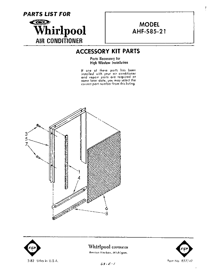 SECTION Diagram and Parts List for AHFS8521  Whirlpool Air Conditioner