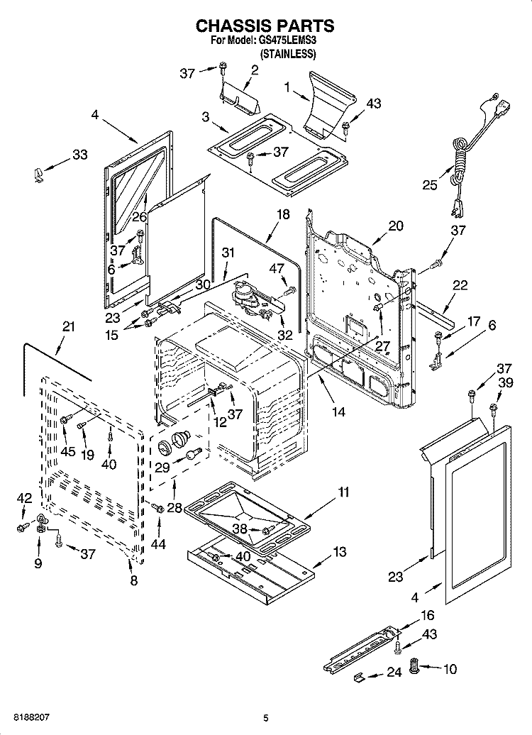 CHASSIS PARTS Diagram and Parts List for GS475LEMS3  Whirlpool Range