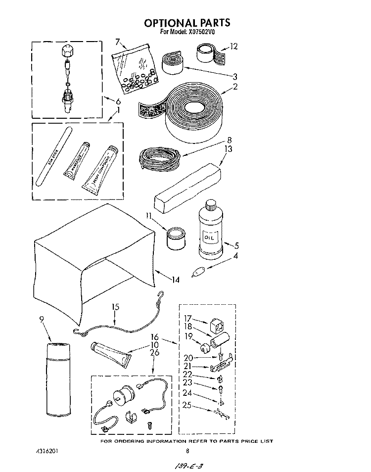 LIT/OPTIONAL Diagram and Parts List for X07502V0  Roper Air Conditioner