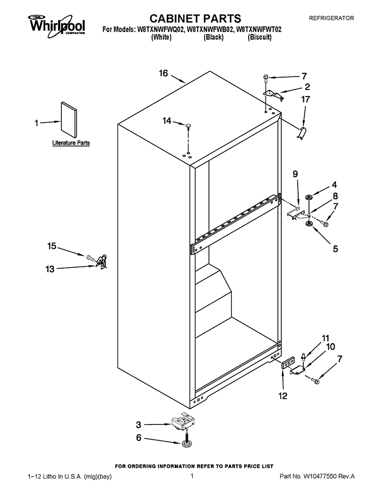 CABINET PARTS Diagram and Parts List for W8TXNWFWT02  Whirlpool Refrigerator