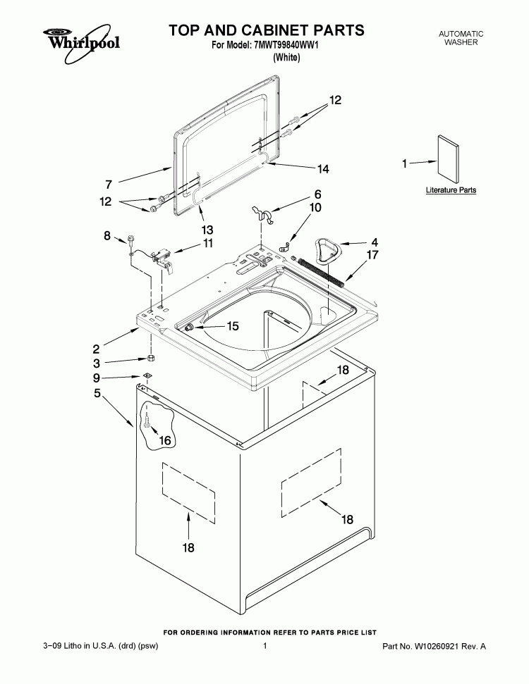 TOP AND CABINET PARTS Diagram and Parts List for 7MWT99840WW1  Whirlpool Washer