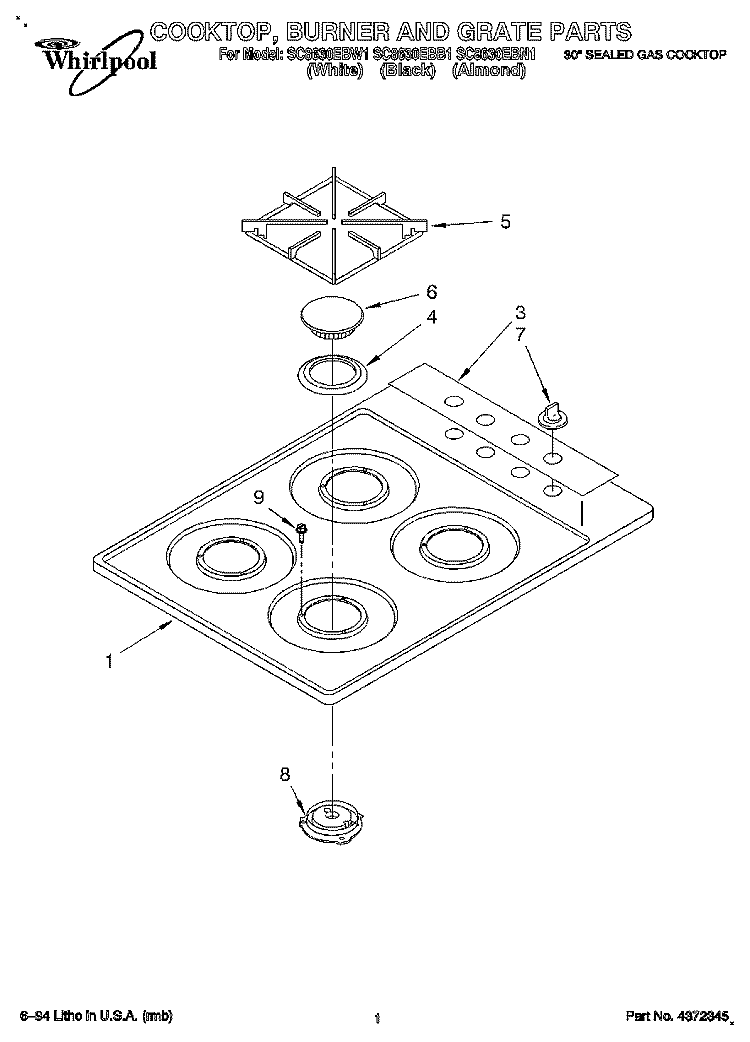 COOKTOP, BURNER AND GRATE Diagram and Parts List for SC8630EBB1  Whirlpool Cooktop