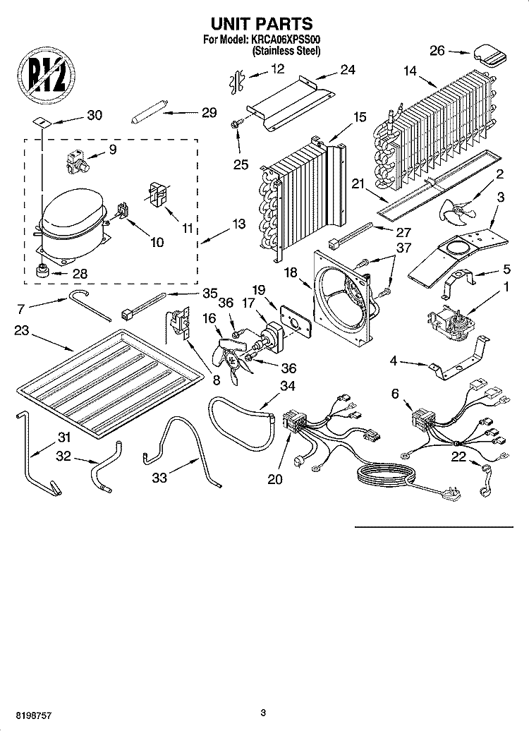 UNIT PARTS Diagram and Parts List for KRCA06XPSS00  KitchenAid Refrigerator