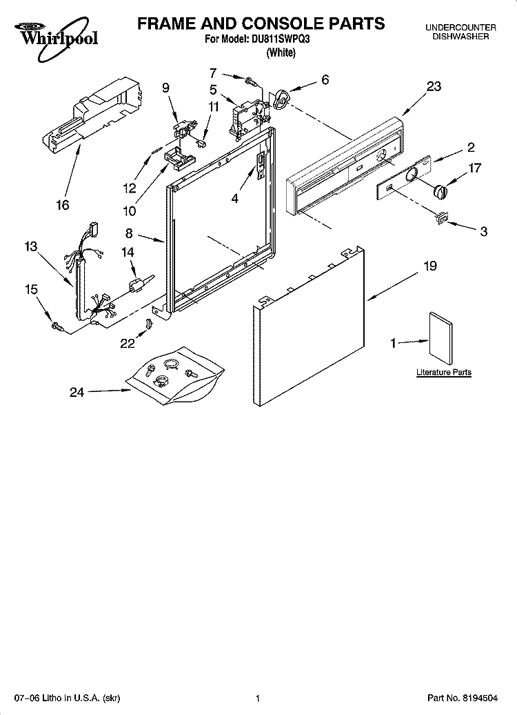 FRAME AND CONSOLE PARTS Diagram and Parts List for DU811SWPQ3  Whirlpool Dishwasher