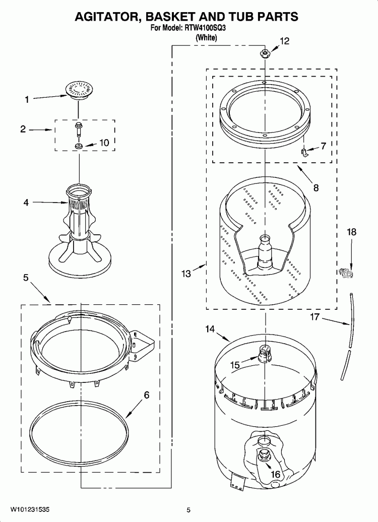 AGITATOR, BASKET AND TUB PARTS Diagram and Parts List for RTW4100SQ3  Roper Washer