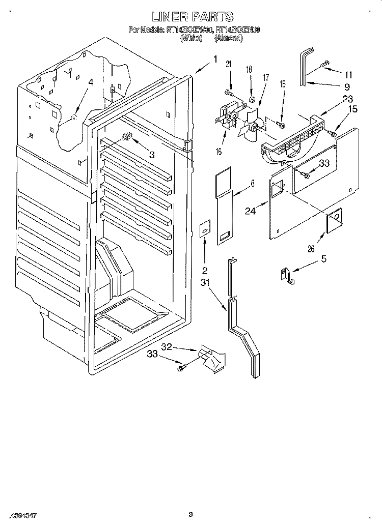 LINER Diagram and Parts List for RT14ZKXEW00  Roper Refrigerator