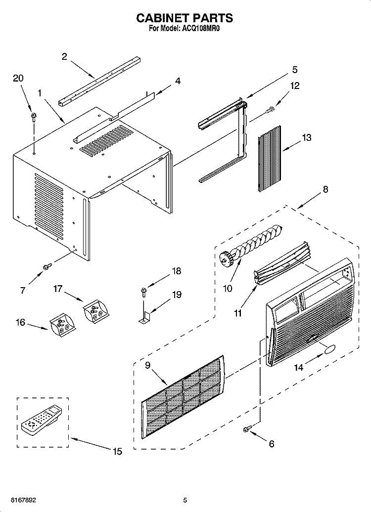CABINET PARTS Diagram and Parts List for ACQ108MR0  Whirlpool Air Conditioner
