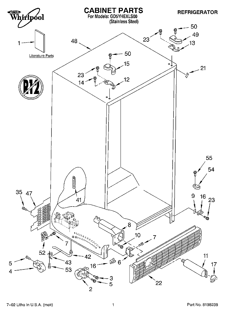CABINET, LITERATURE Diagram and Parts List for GD5YHEXLS00  Whirlpool Refrigerator