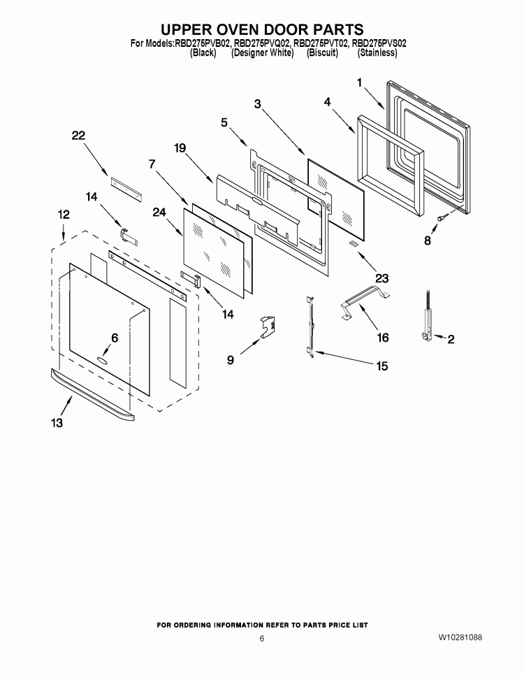 UPPER OVEN DOOR PARTS Diagram and Parts List for RBD275PVB02  Whirlpool Wall Oven