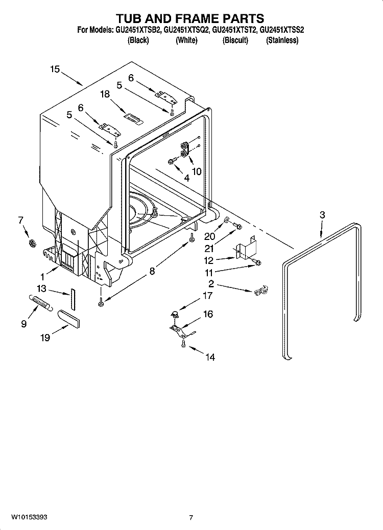 TUB AND FRAME PARTS Diagram and Parts List for GU2451XTST2  Whirlpool Dishwasher