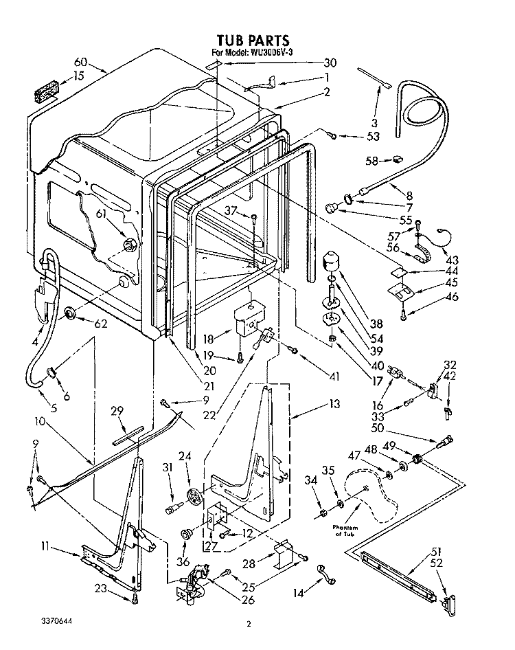 TUB, LIT/OPTIONAL Diagram and Parts List for WU3006V3  Roper Dishwasher