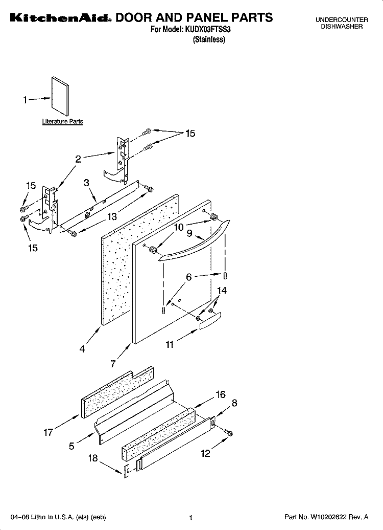 DOOR AND PANEL PARTS Diagram and Parts List for KUDX03FTSS3  KitchenAid Dishwasher