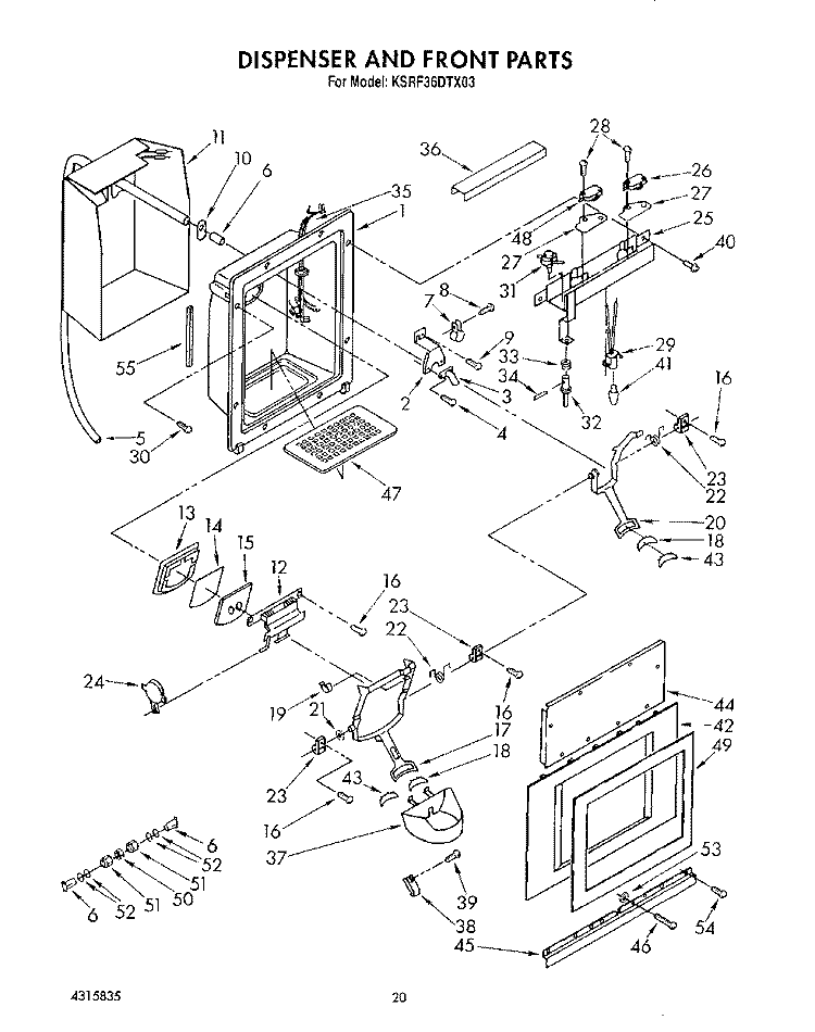 DISPENSER AND FRONT Diagram and Parts List for KSRF36DTX03  KitchenAid Refrigerator