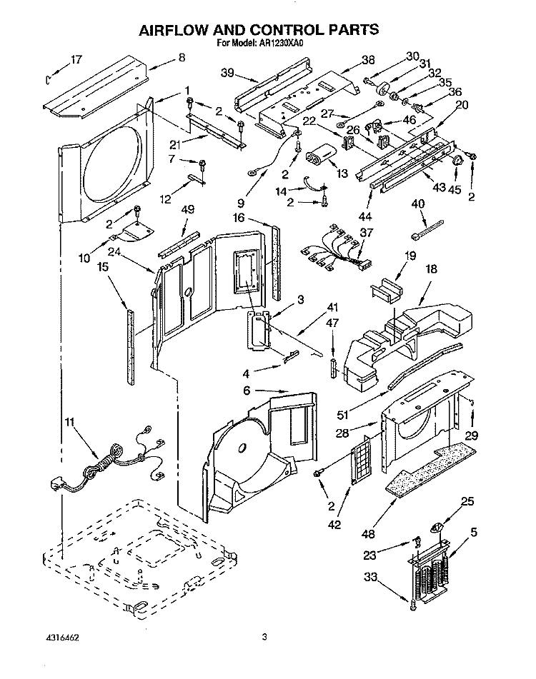 AIRFLOW AND CONTROL Diagram and Parts List for AR1230XA0  Whirlpool Air Conditioner