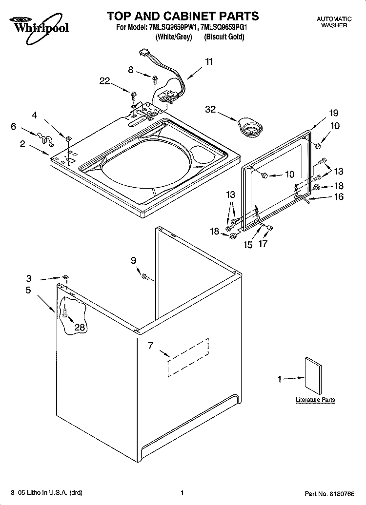 TOP AND CABINET PARTS Diagram and Parts List for 7MLSQ9659PG1  Whirlpool Washer