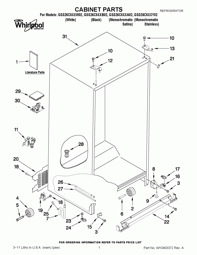 CABINET PARTS Diagram and Parts List for GSS26C5XXB02  Whirlpool Refrigerator