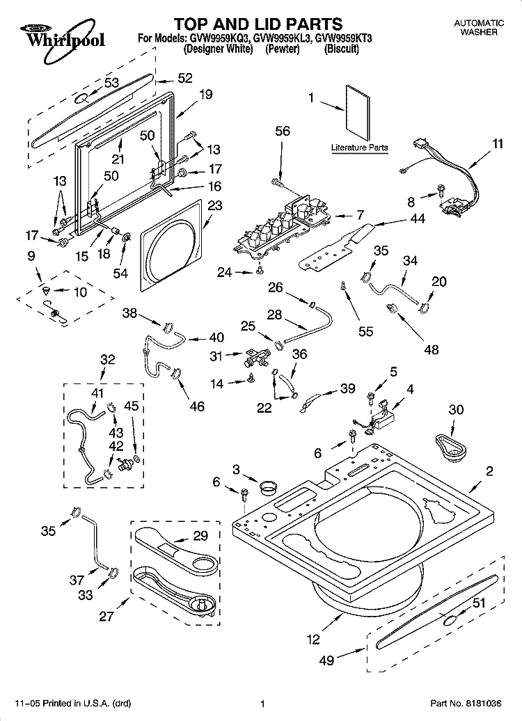 TOP AND LID PARTS Diagram and Parts List for GVW9959KL3  Whirlpool Washer