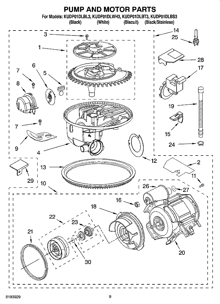 PUMP AND MOTOR PARTS Diagram and Parts List for KUDP01DLBL3  KitchenAid Dishwasher