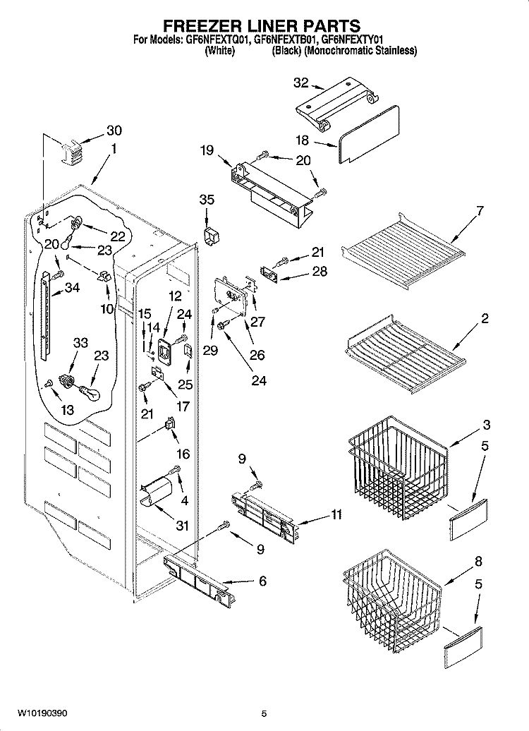 FREEZER LINER PARTS Diagram and Parts List for GF6NFEXTY01  Whirlpool Refrigerator