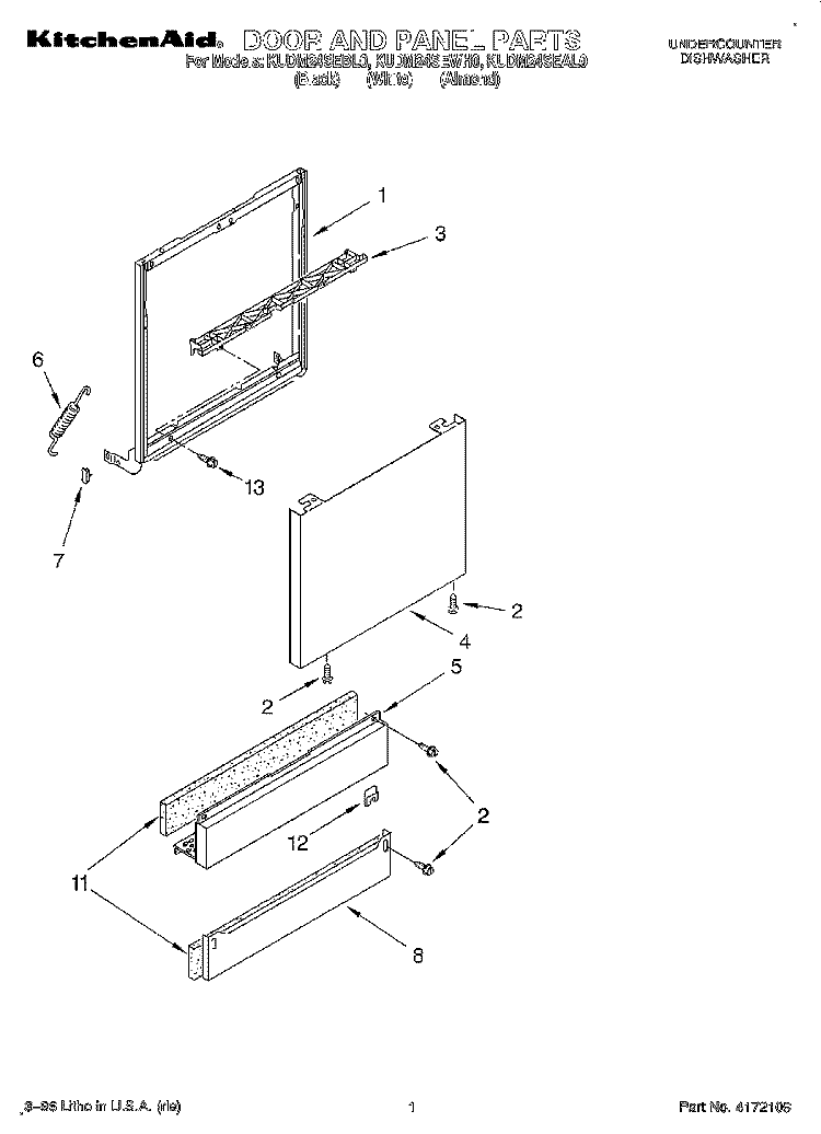 DOOR AND PANEL Diagram and Parts List for KUDM24SEBL0  KitchenAid Dishwasher