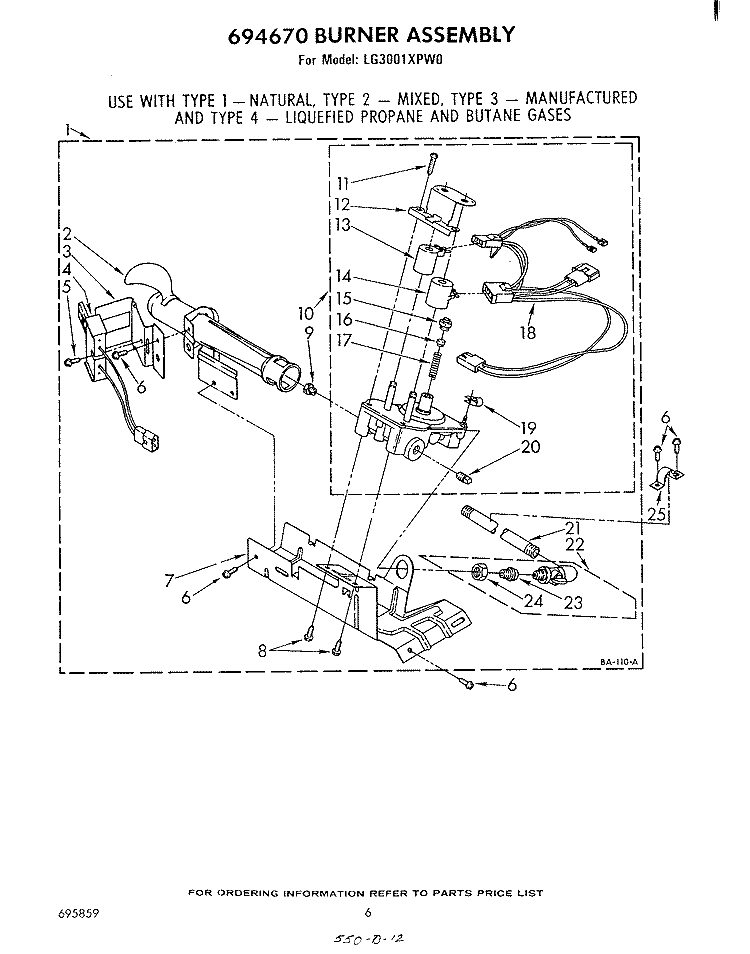694670 BURNER Diagram and Parts List for LG3001XPW0  Whirlpool Dryer